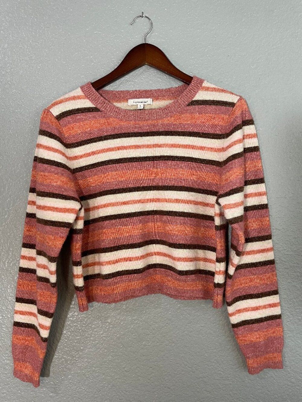 Francesca's Pink Orange Striped Sweater size L Soft Blend Knit